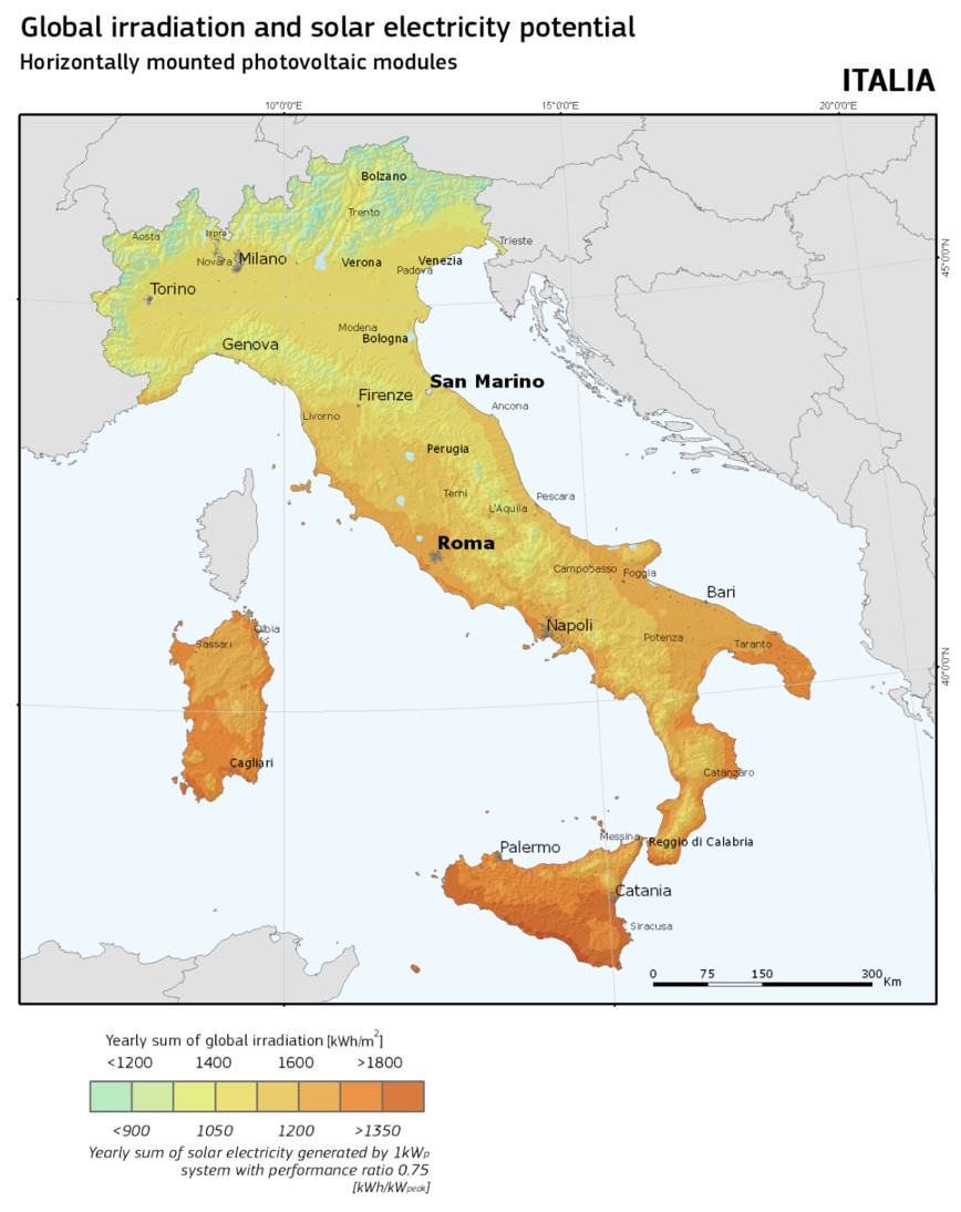 Quanto produce il fotovoltaico in Italia, mappa del potenziale produttivo della fonte solare.